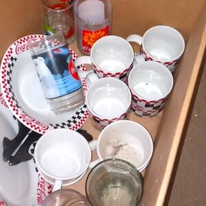 Vintage coca cola plates glasses and coffee mugs